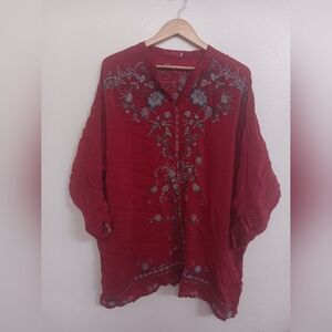 Johnny Was Crinkle Embroidered Floral Blouse